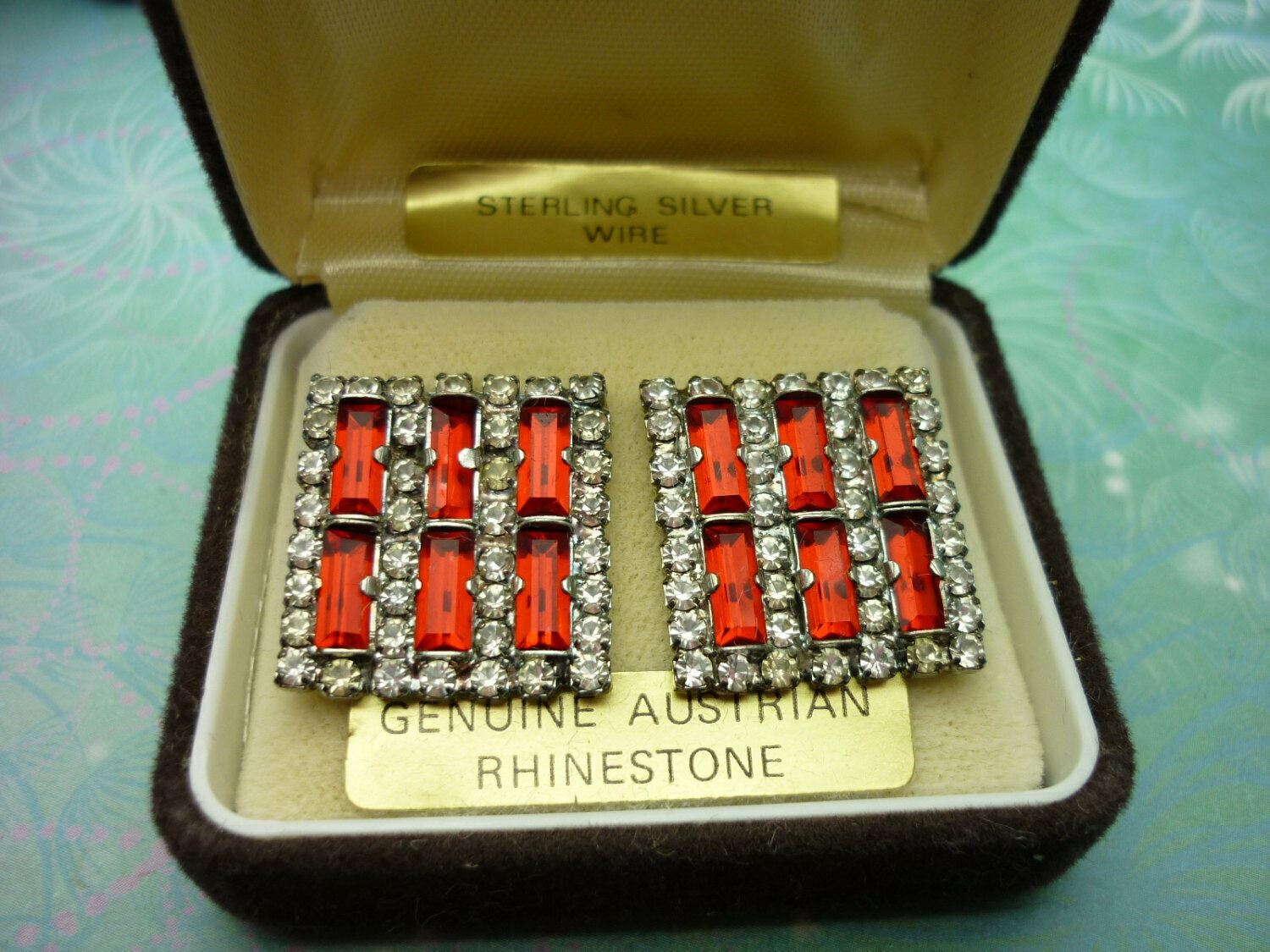 Square Sterling Stud Wire Vintage Crystal Earrings - Red Austrian Rhinestones