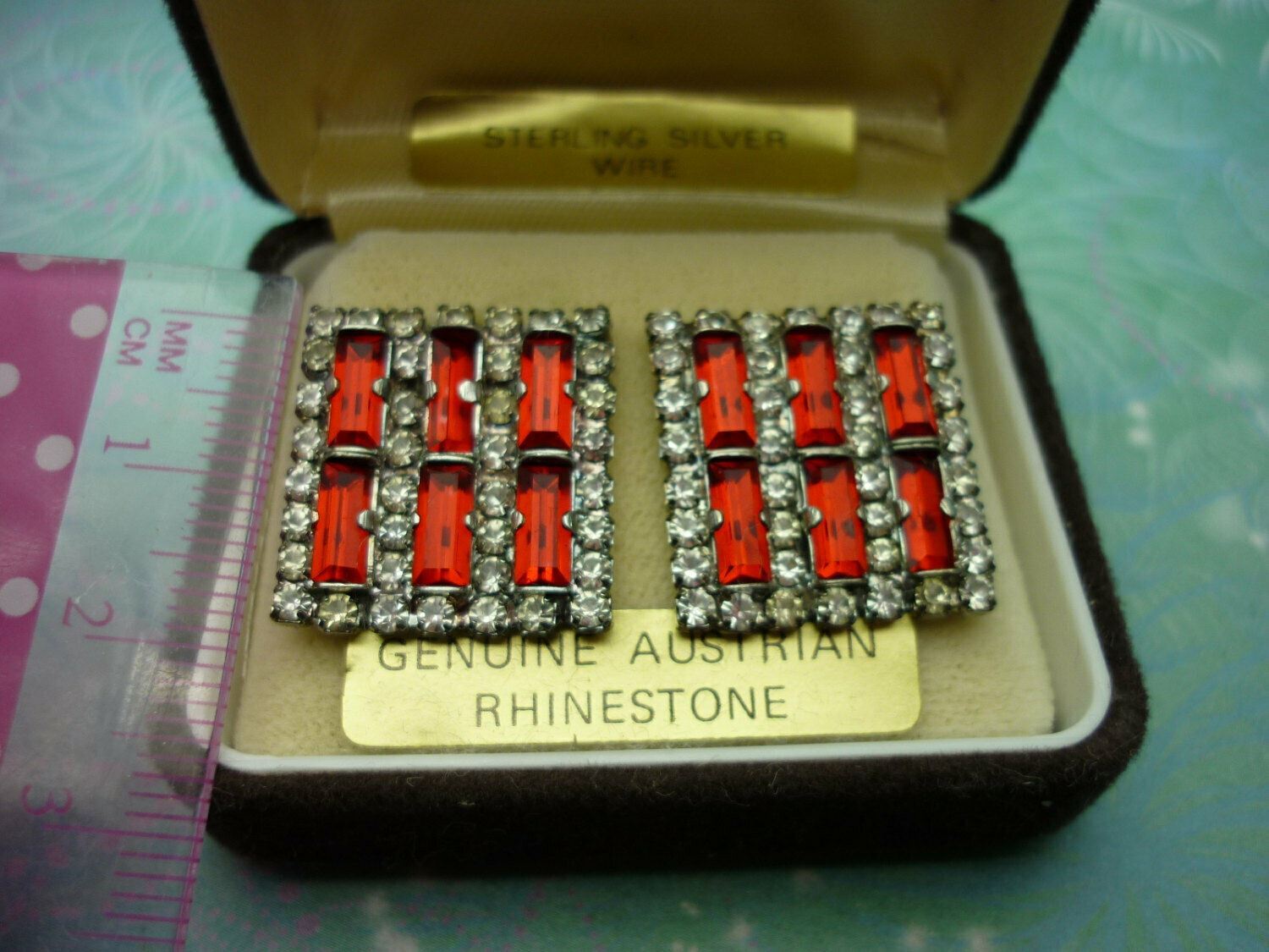 Square Sterling Stud Wire Vintage Crystal Earrings - Red Austrian Rhinestones - Image 2