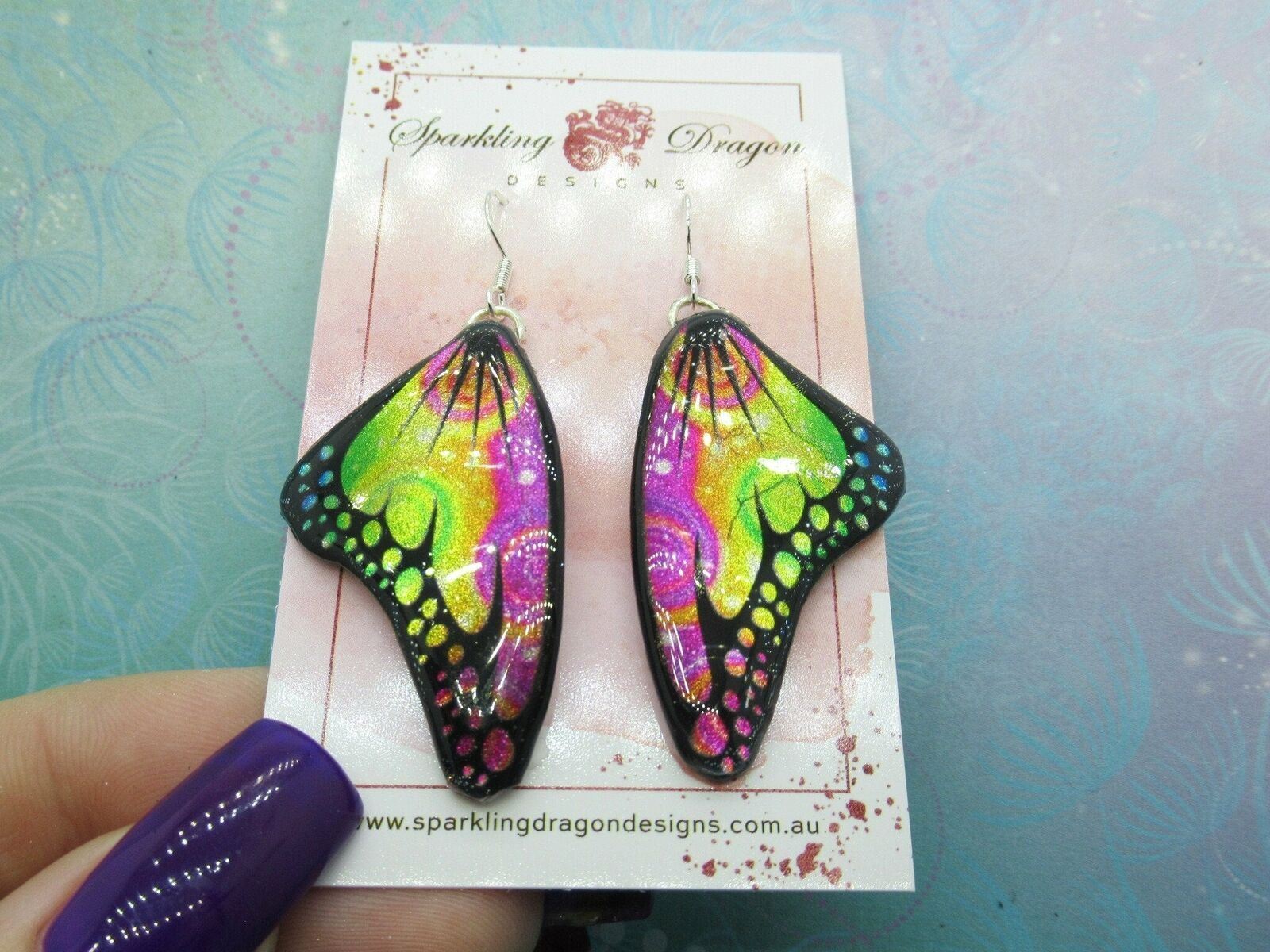 Fairy Wing Butterfly Earrings Swirling Pink, Yellow Green Jewellery Special Gift
