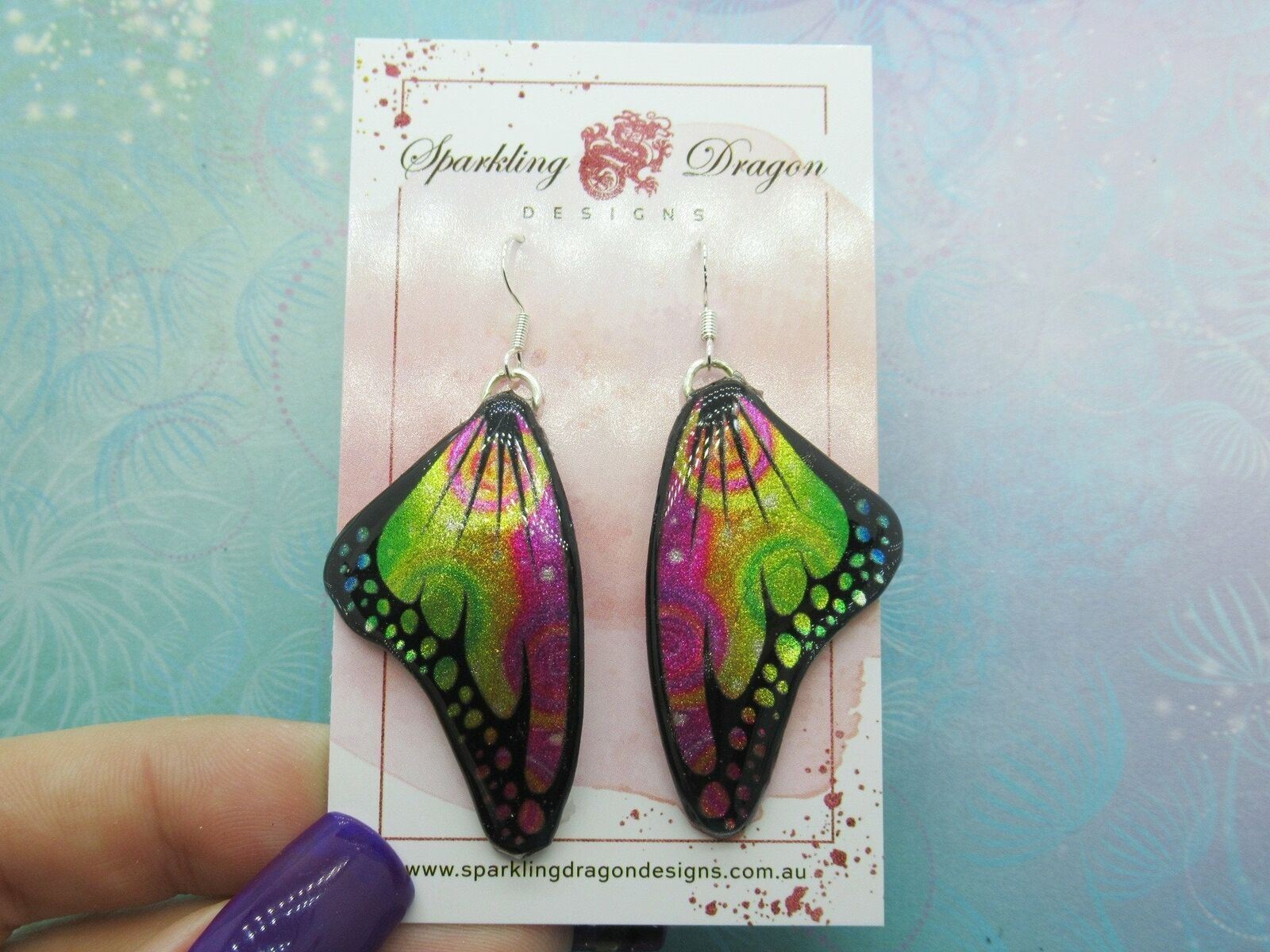 Fairy Wing Butterfly Earrings Swirling Pink, Yellow Green Jewellery Special Gift - Image 2