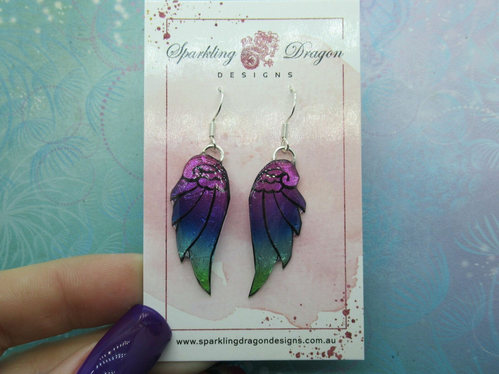 Pink Purple Blue Green Sparkling Angel Wing Earrings - Image 2