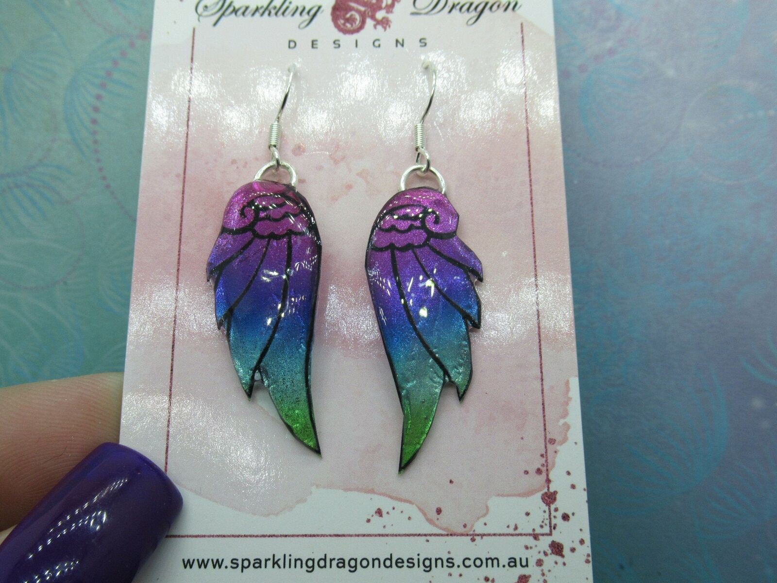 Pink Purple Blue Green Sparkling Angel Wing Earrings - Image 3