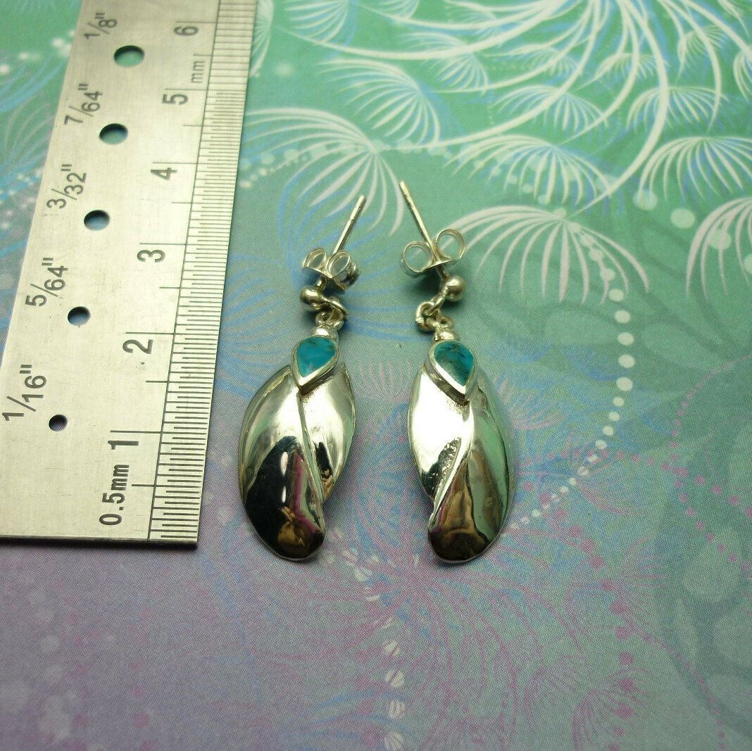 Vintage Sterling Silver Earrings - Turquoise - Leaf Shape - 925 Stud Drop - Image 2
