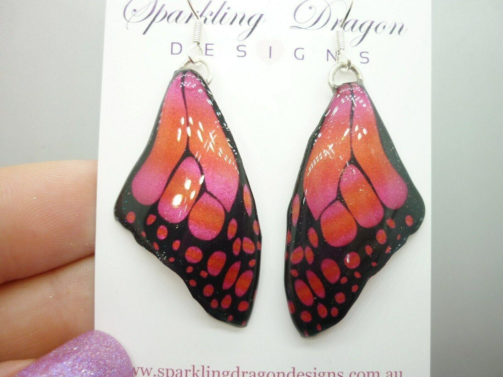 Red Shimmery Butterfly Wing Large Size Earrings - Stained Glass- Fairy Jewellery