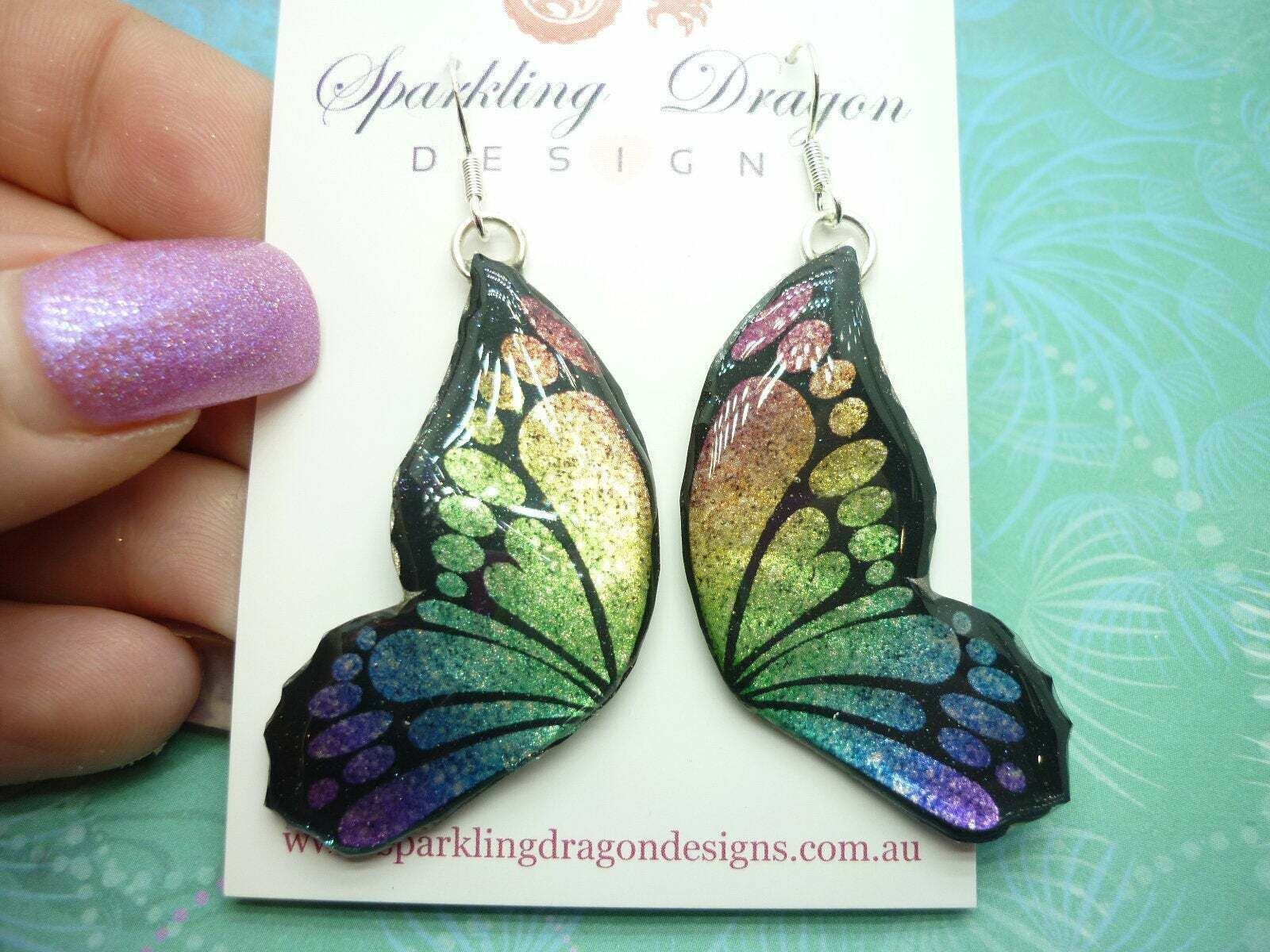 Butterfly Double Wing Earrings Blue and Yellow Fairy Jewellery Birthday Present - Image 2