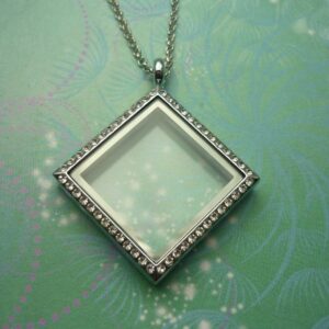 Silver Alloy Diamond Shaped Glass Memory Locket Necklace with Sparkling Jewels