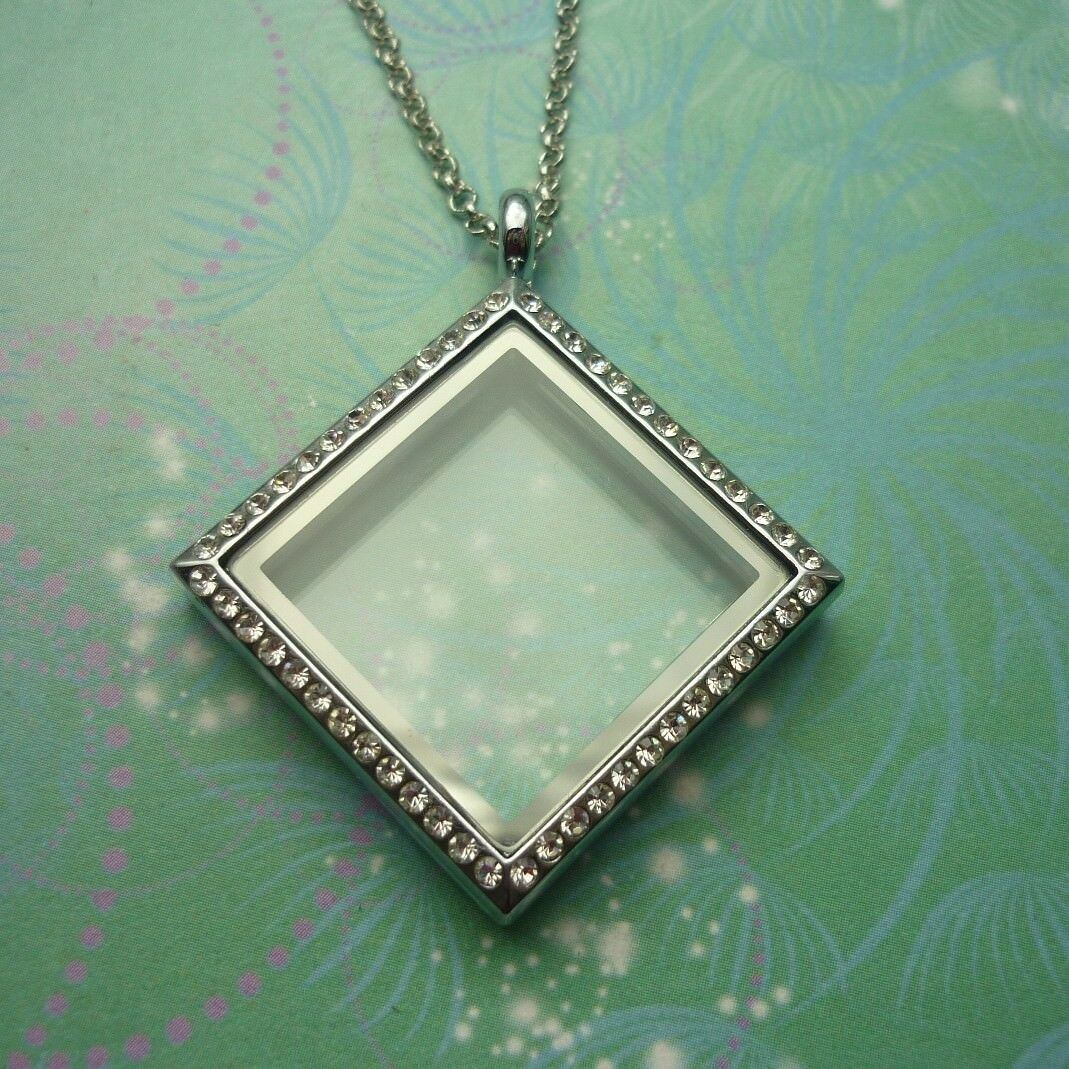 Silver Alloy Diamond Shaped Glass Memory Locket Necklace with Sparkling Jewels