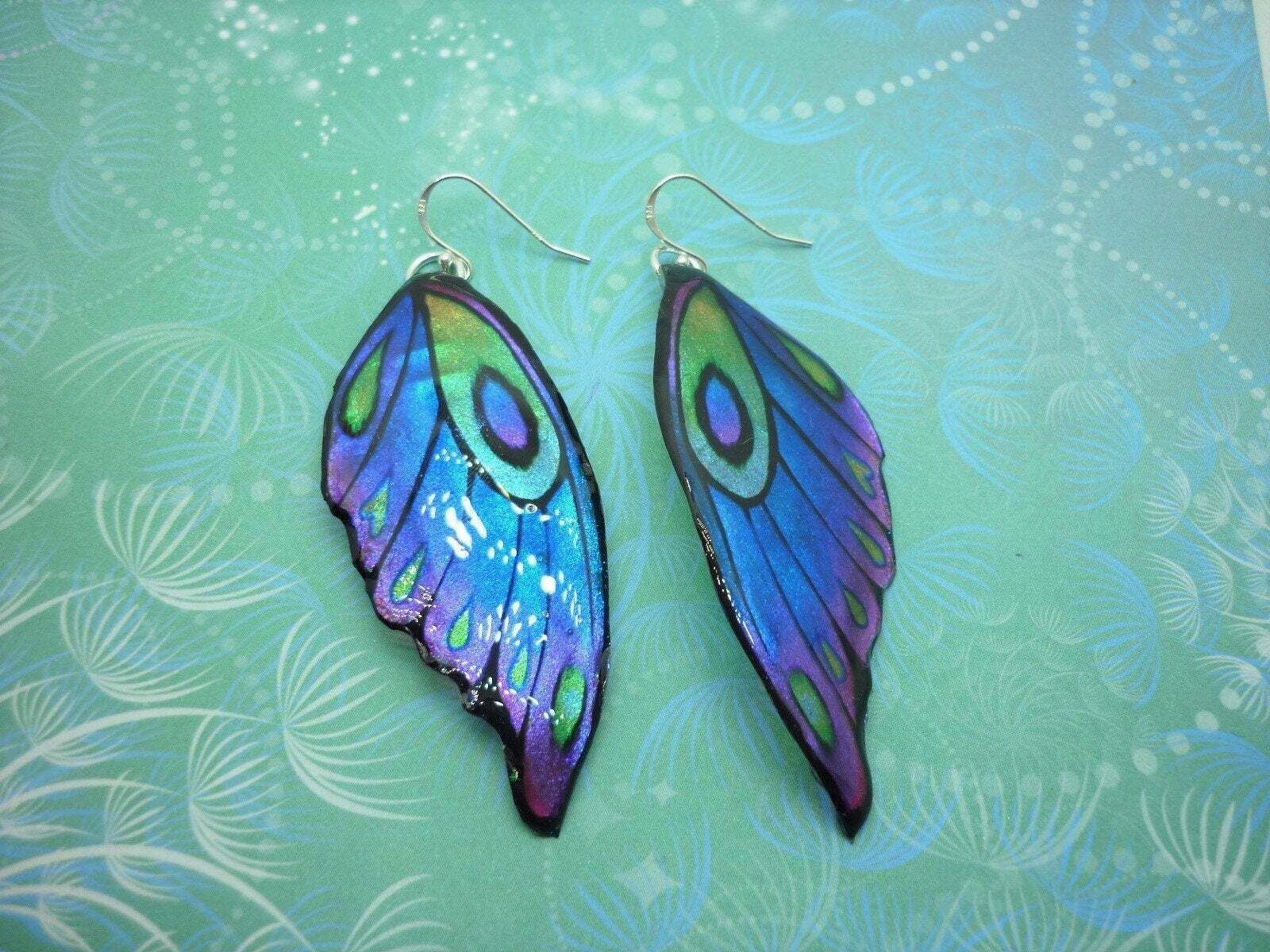 Large Butterfly Wing Earrings Blue Purple Green Fairy Jewellery Fun Gift for her