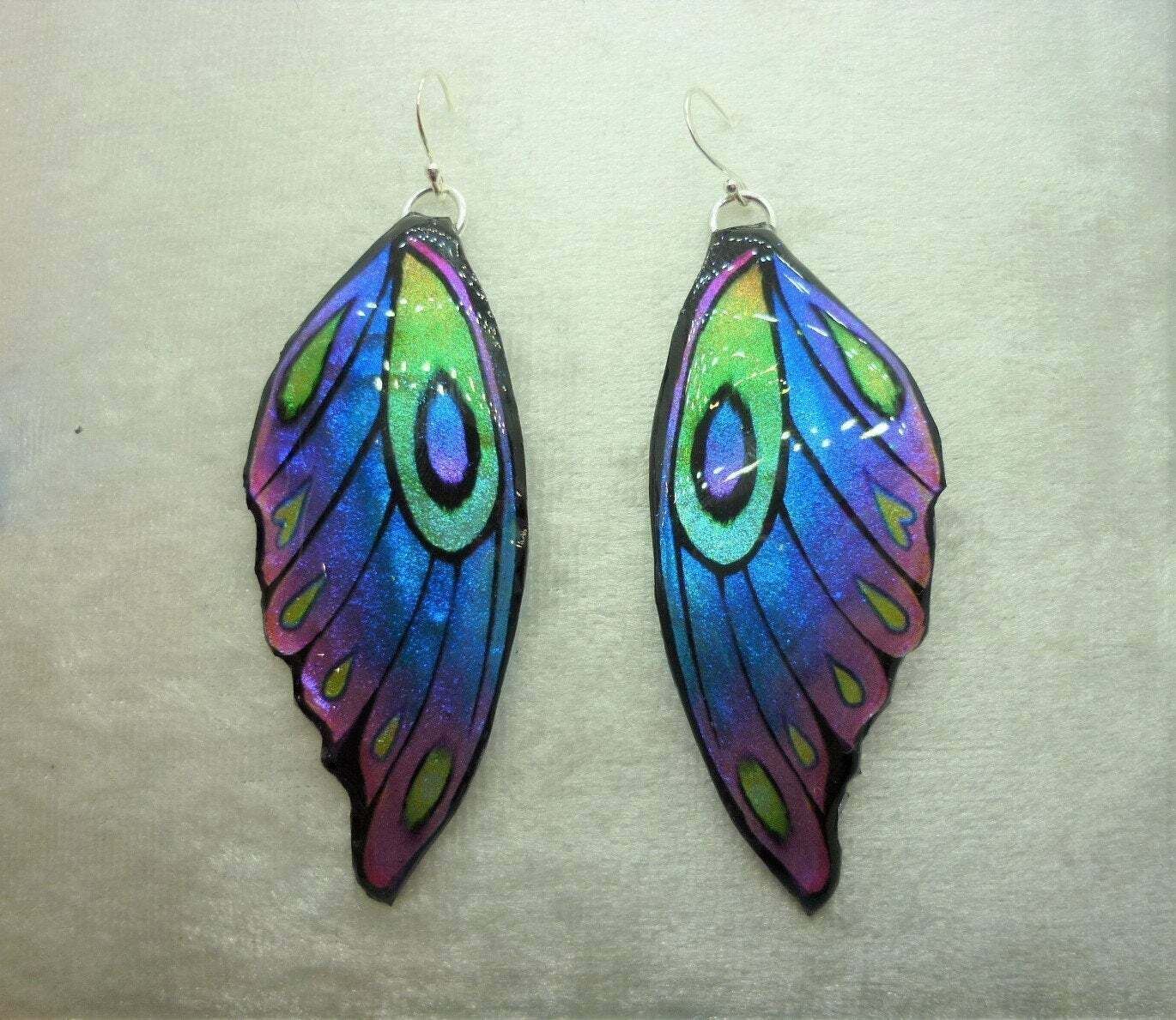 Large Butterfly Wing Earrings Blue Purple Green Fairy Jewellery Fun Gift for her - Image 3
