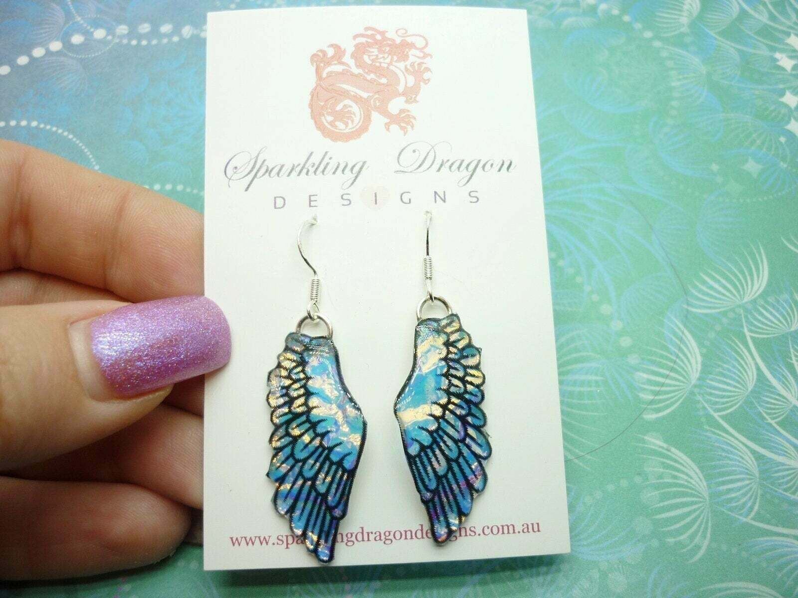 Sparkling Angel Wing Earrings Blue Gold with a Hint of Pink Unique Present