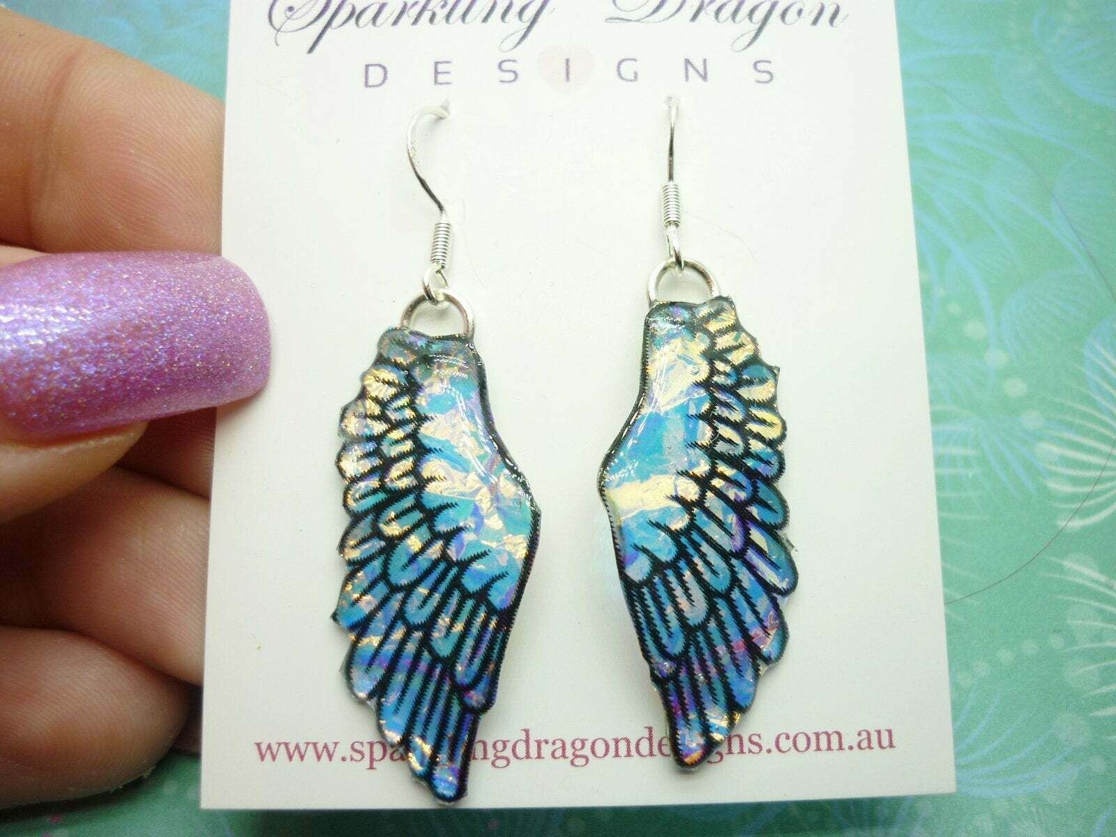 Sparkling Angel Wing Earrings Blue Gold with a Hint of Pink Unique Present - Image 2
