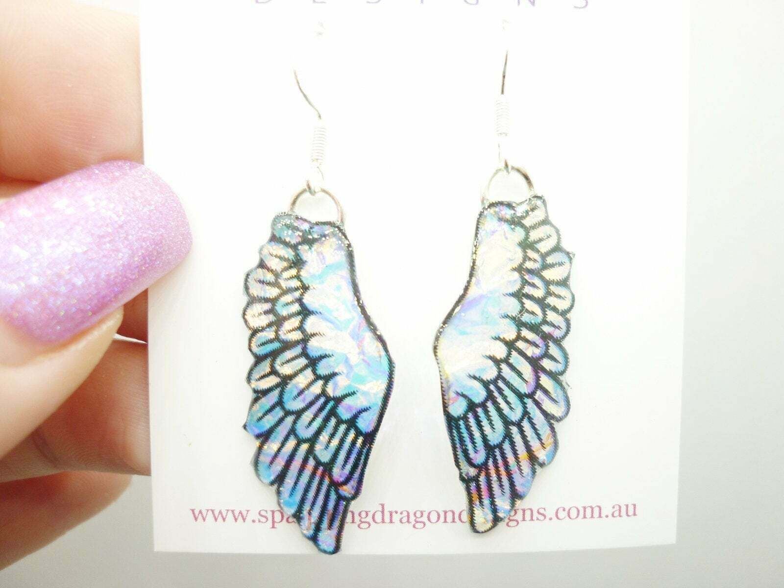 Sparkling Angel Wing Earrings Blue Gold with a Hint of Pink Unique Present - Image 3
