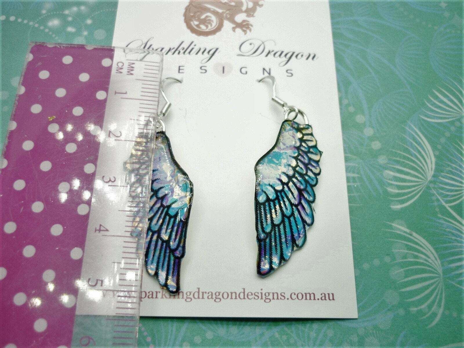 Sparkling Angel Wing Earrings Blue Gold with a Hint of Pink Unique Present - Image 4