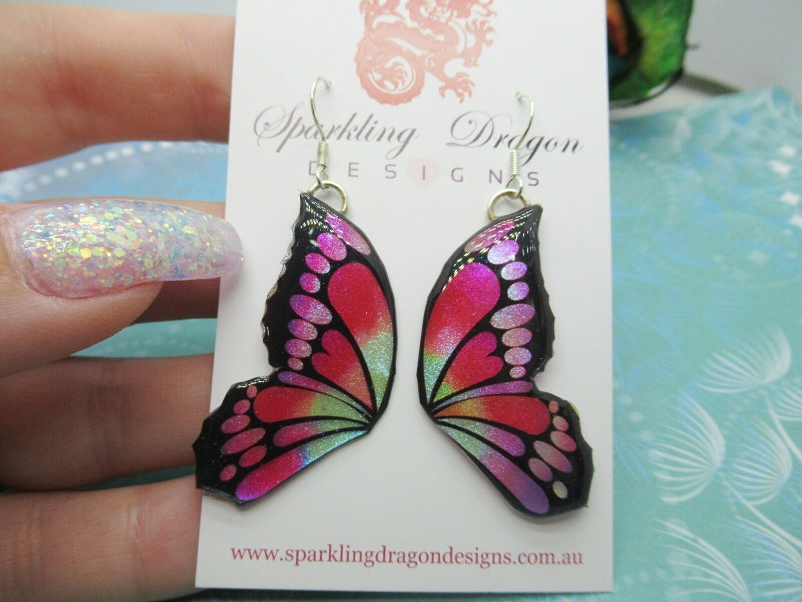 Butterfly Double Wing Earrings Red, Pink & Blue - Fairy Jewellery, Fun Gift for