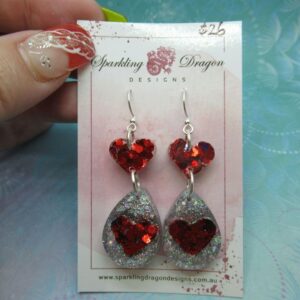 Love Heart Earrings - Red & Holo Silver - Valentines Jewellery Glitter Sparkle