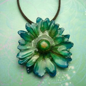 Blue Green Flower Real Chrysanthemum Necklace - adjustable cord brown/black