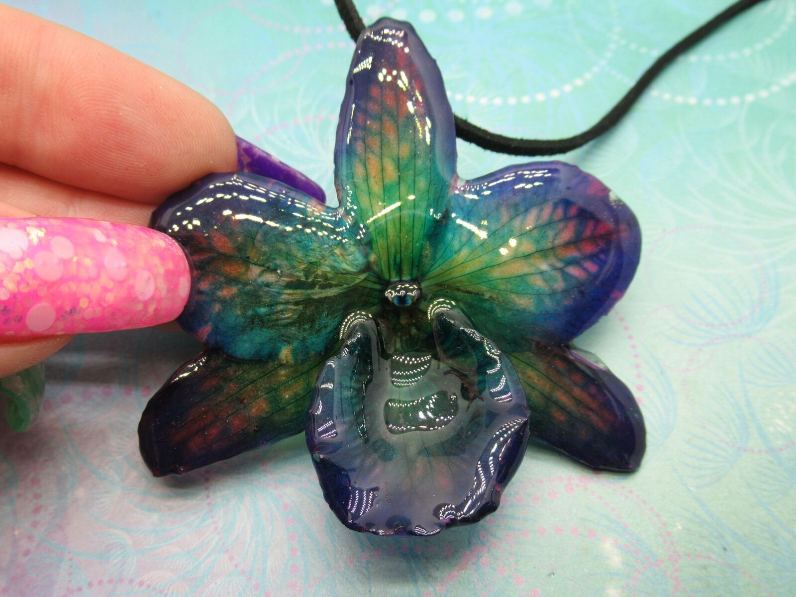 Real Orchid Flower Necklace - Dark Purple/Blue Veined. Perfect birthday present.