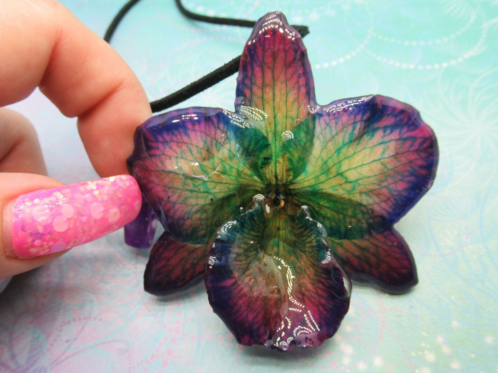 Real Orchid Flower Necklace - Dark Purple/Blue Veined. Perfect birthday present. - Image 3