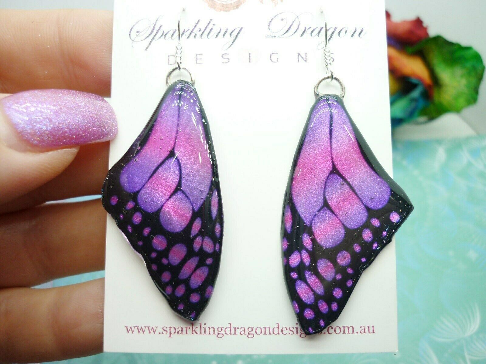Butterfly Wing Large Size Earrings Pink Stained Glass- Fairy Jewellery