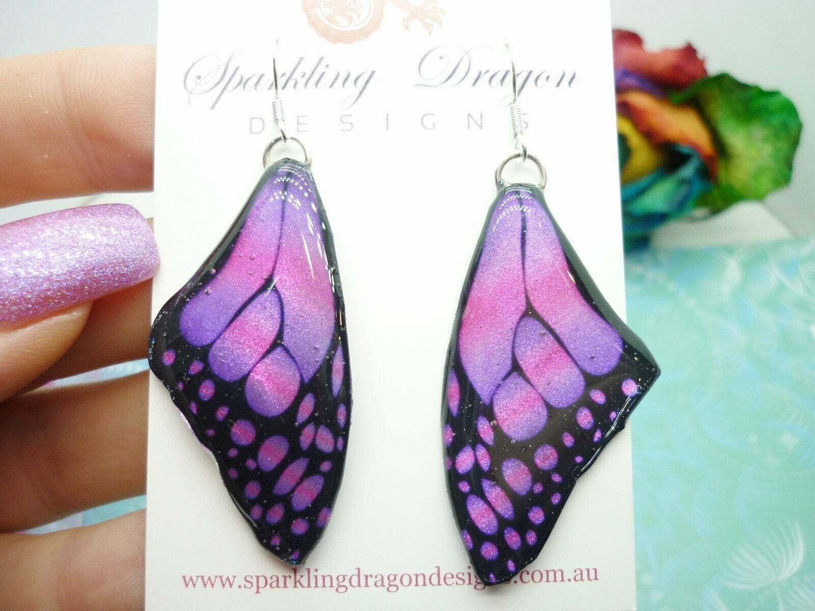 Butterfly Wing Large Size Earrings Pink Stained Glass- Fairy Jewellery - Image 2