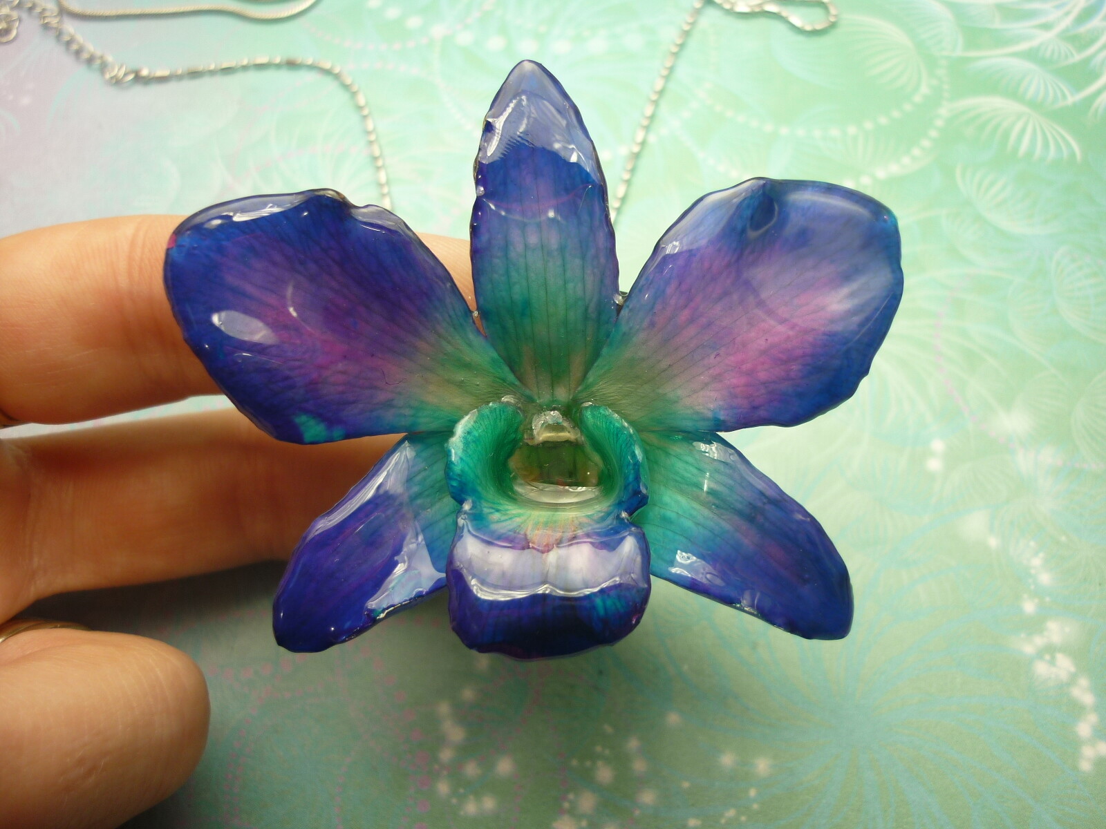 Real Orchid Flower Necklace - Cyan/Blue/Purple. Beautiful gift for Mum