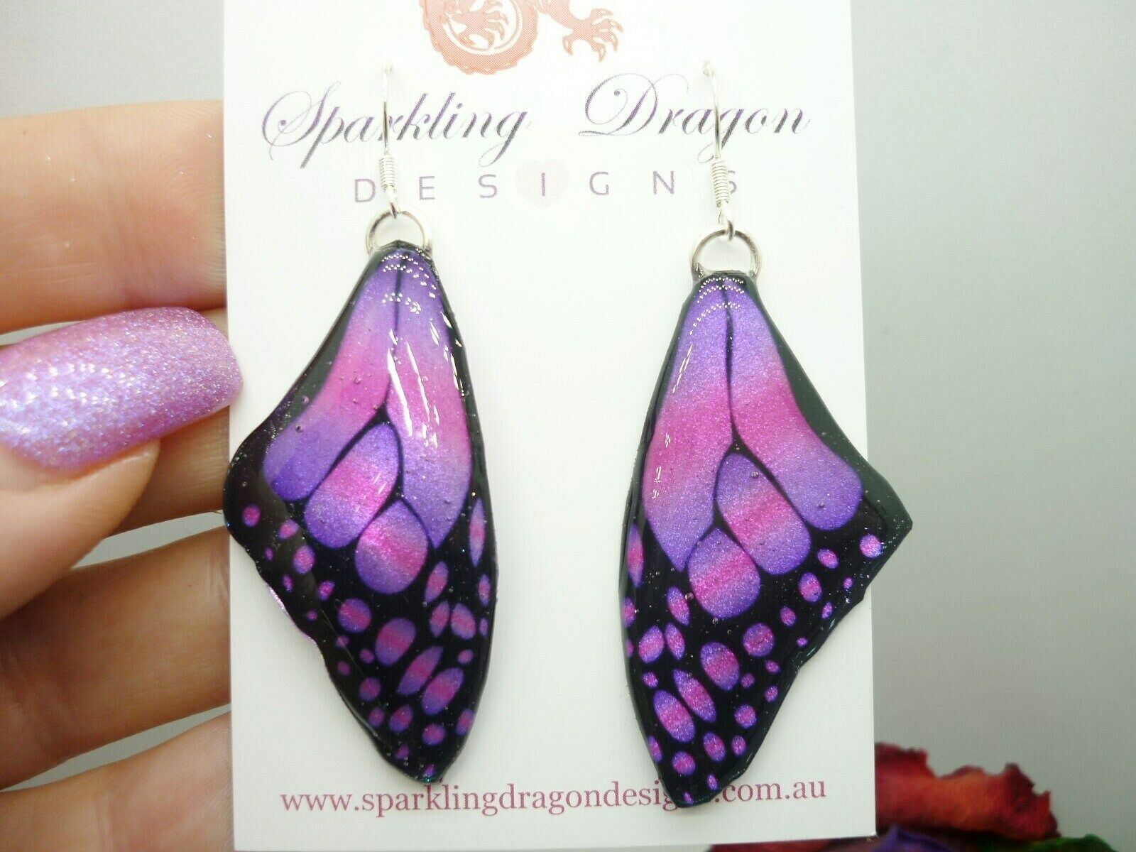 Butterfly Wing Large Size Earrings Pink Stained Glass- Fairy Jewellery - Image 3