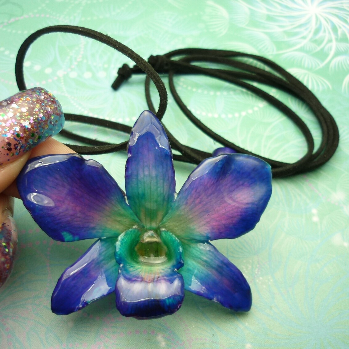Real Orchid Flower Necklace - Cyan/Blue/Purple. Beautiful gift for Mum - Image 8
