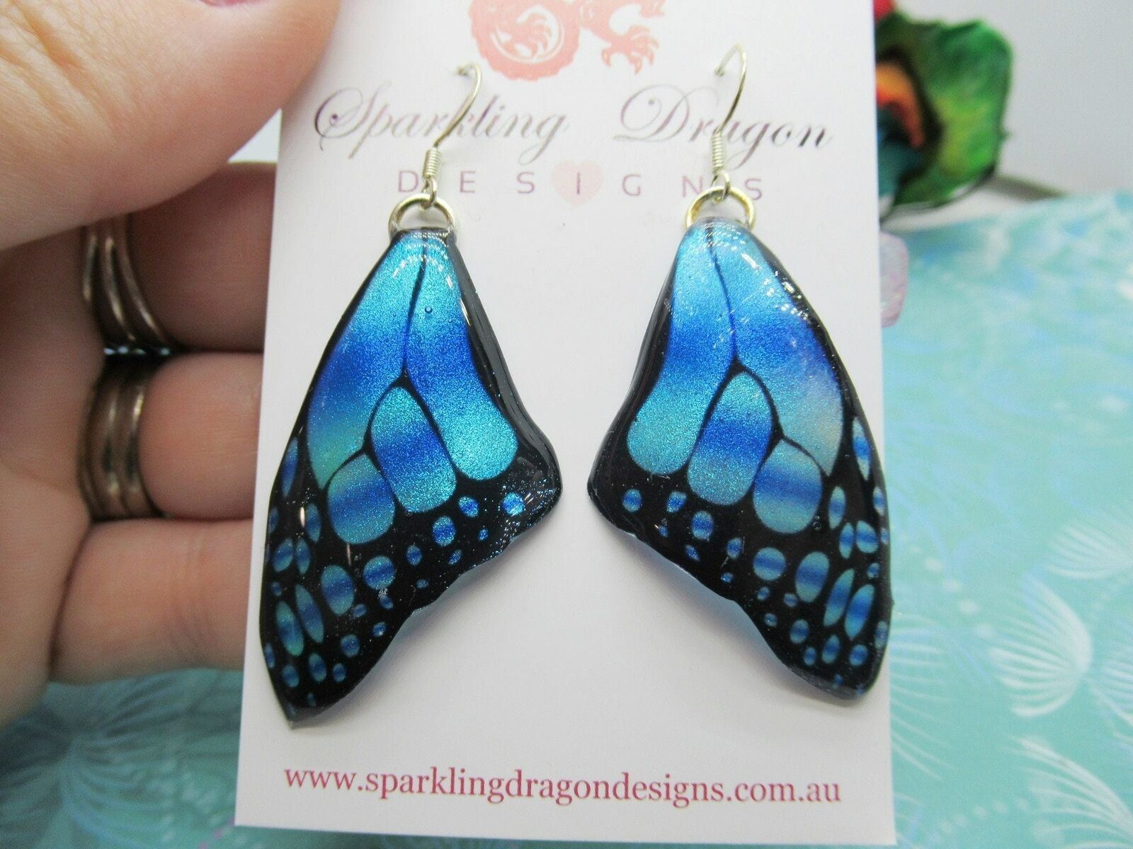 Butterfly Wing Medium Size Earrings Blue Stained Glass- Fairy Jewellery