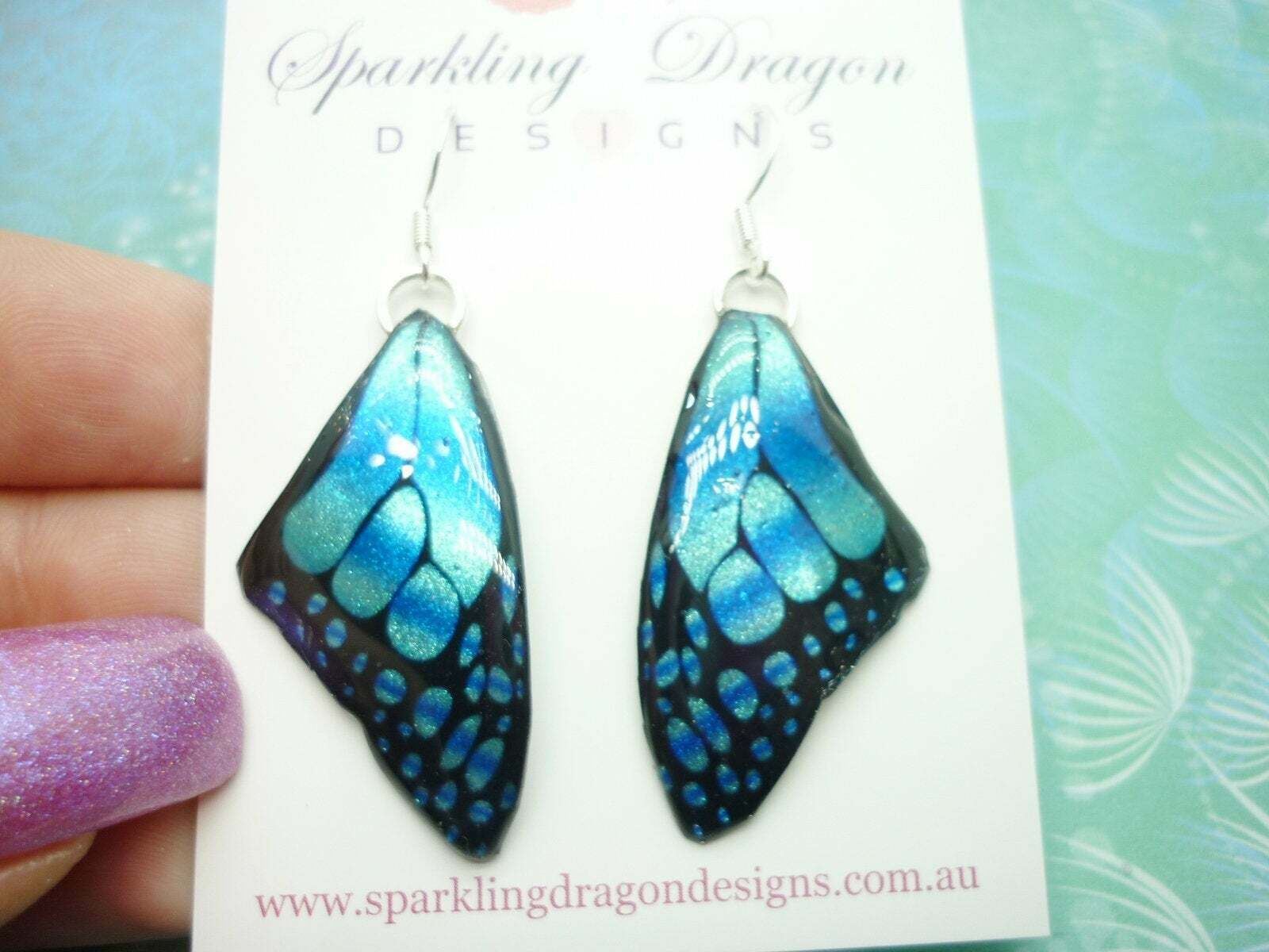 Butterfly Wing Medium Size Earrings Blue Stained Glass- Fairy Jewellery - Image 4