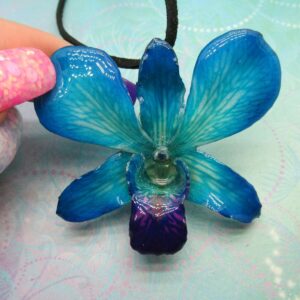 Real Orchid Flower Necklace - Teal/Cyan/Blue. It's a gift for someone special.
