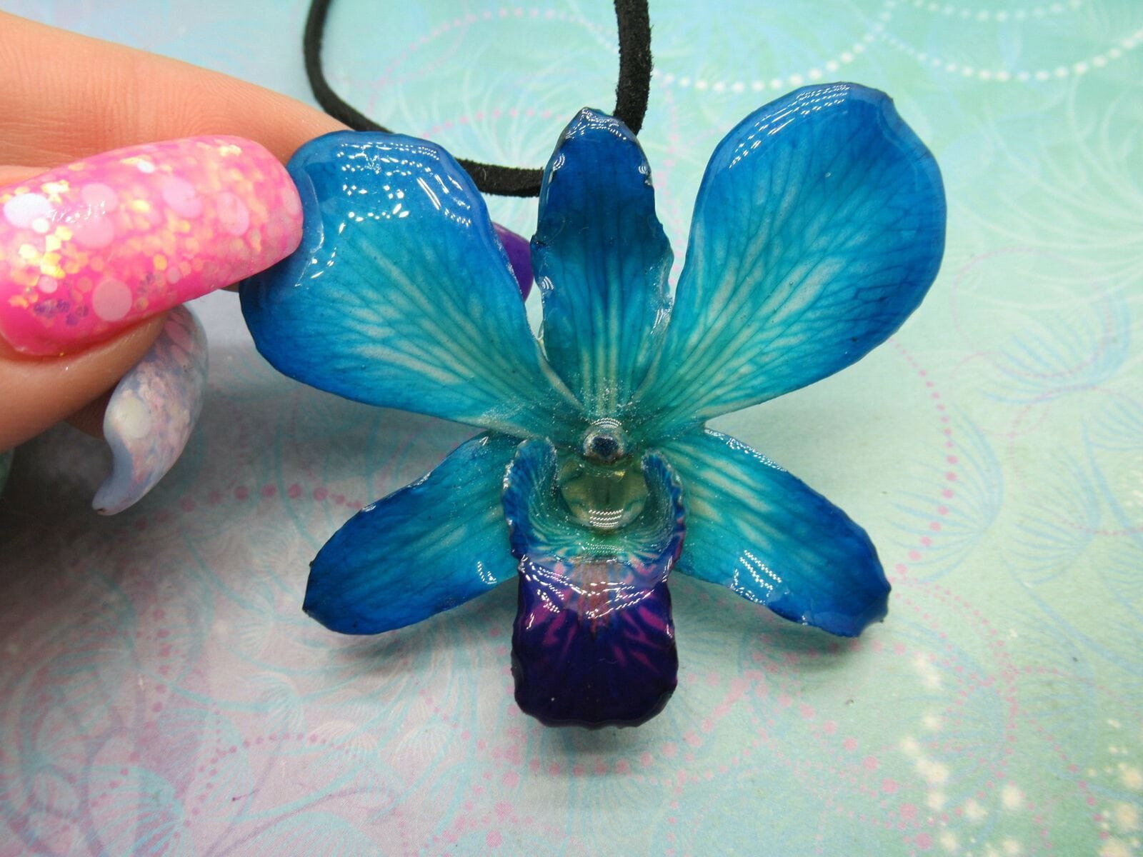 Real Orchid Flower Necklace - Teal/Cyan/Blue. It's a gift for someone special.