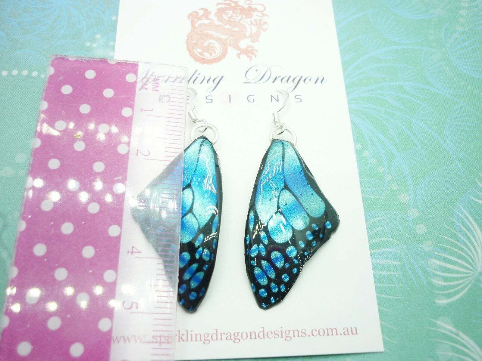 Butterfly Wing Medium Size Earrings Blue Stained Glass- Fairy Jewellery - Image 5