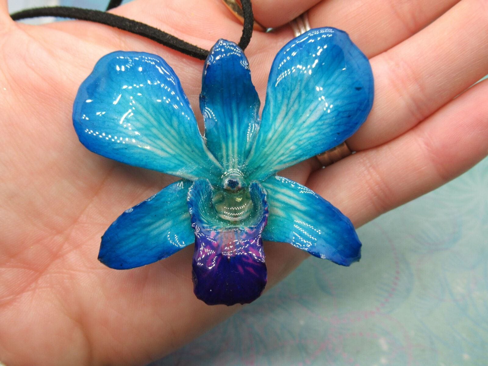 Real Orchid Flower Necklace - Teal/Cyan/Blue. It's a gift for someone special. - Image 2