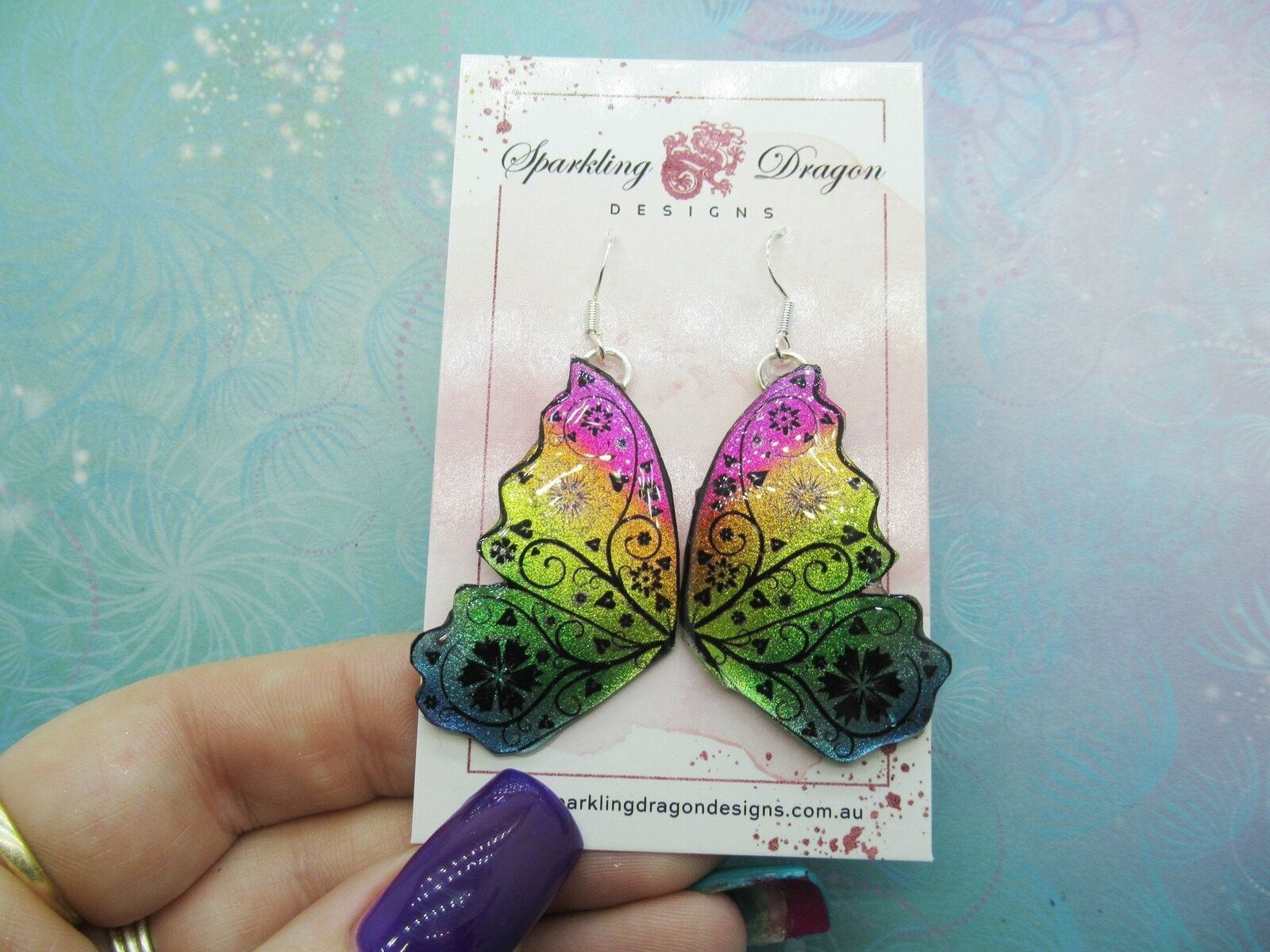 Butterfly Double Wing Earrings Rainbow - Fairy Jewellery Fun Glittery Gift - Image 2
