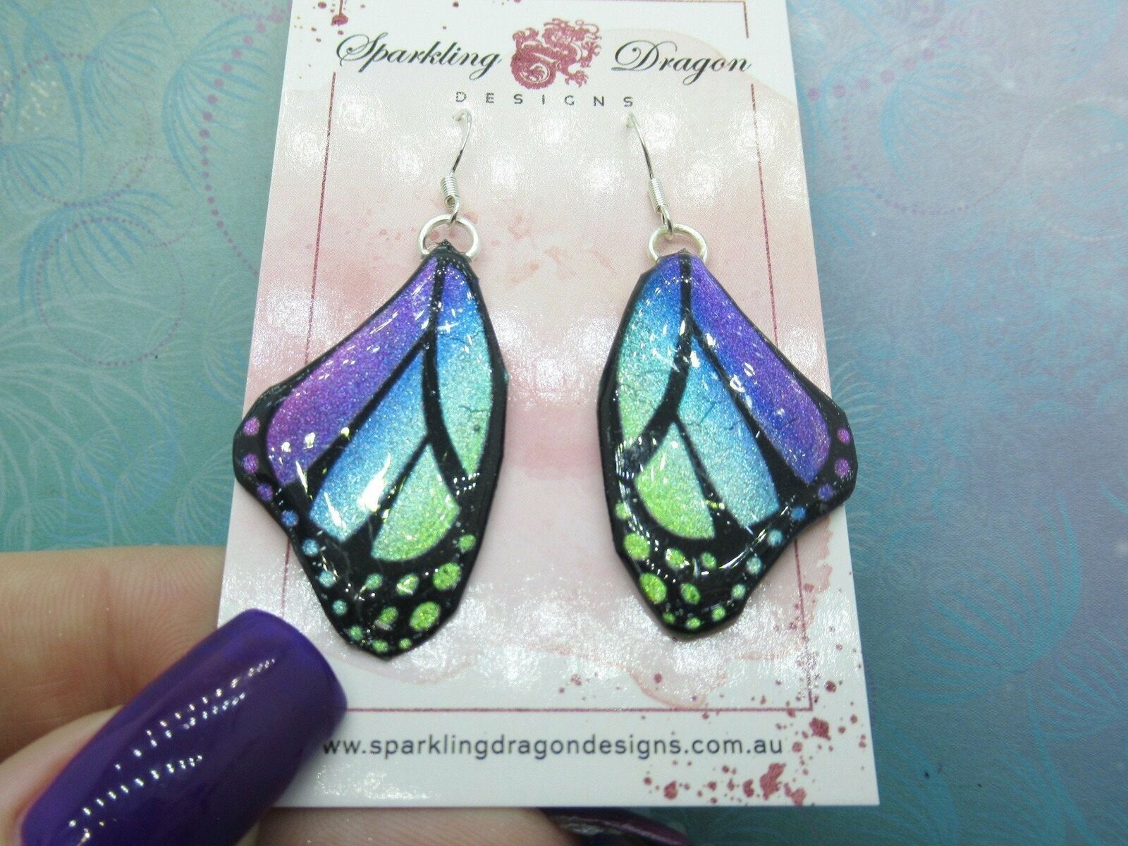 Butterfly Earrings Blue Evening Mist Large Spots- Fairytale Fantasy Jewellery