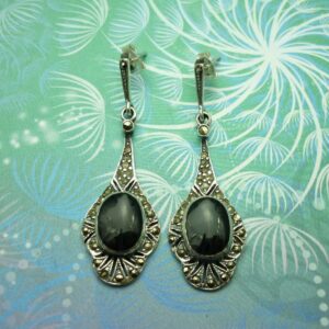 Victorian Style Vintage Sterling Silver Earrings - Black Onyx - Style 16