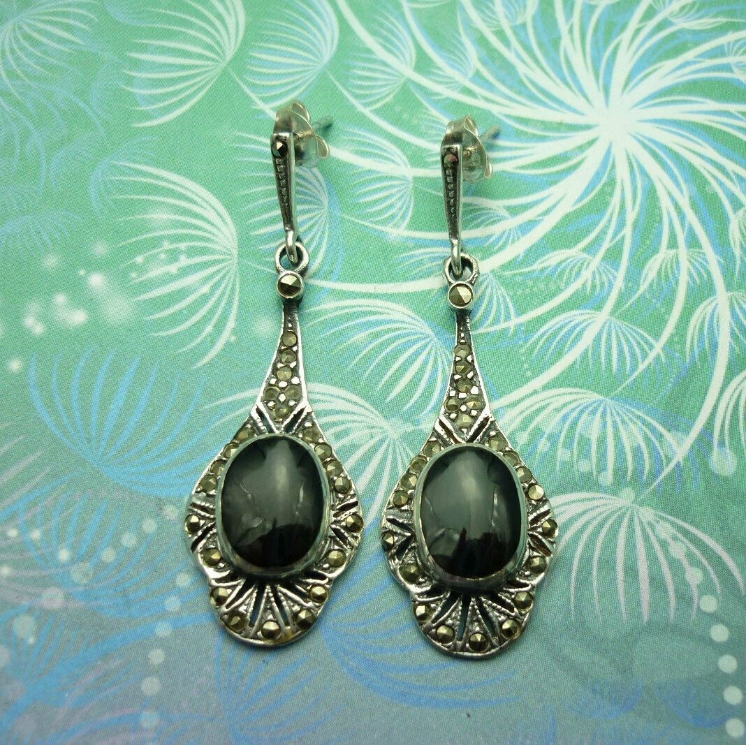 Victorian Style Vintage Sterling Silver Earrings - Black Onyx - Style 16