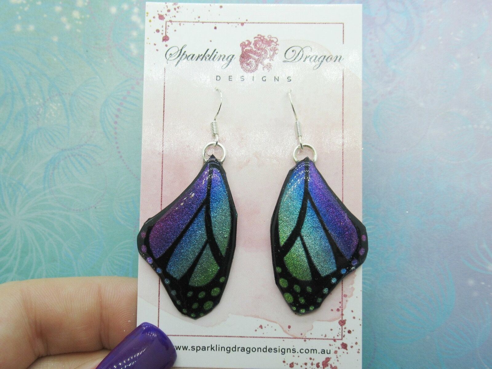 Butterfly Earrings Blue Evening Mist Large Spots- Fairytale Fantasy Jewellery - Image 2