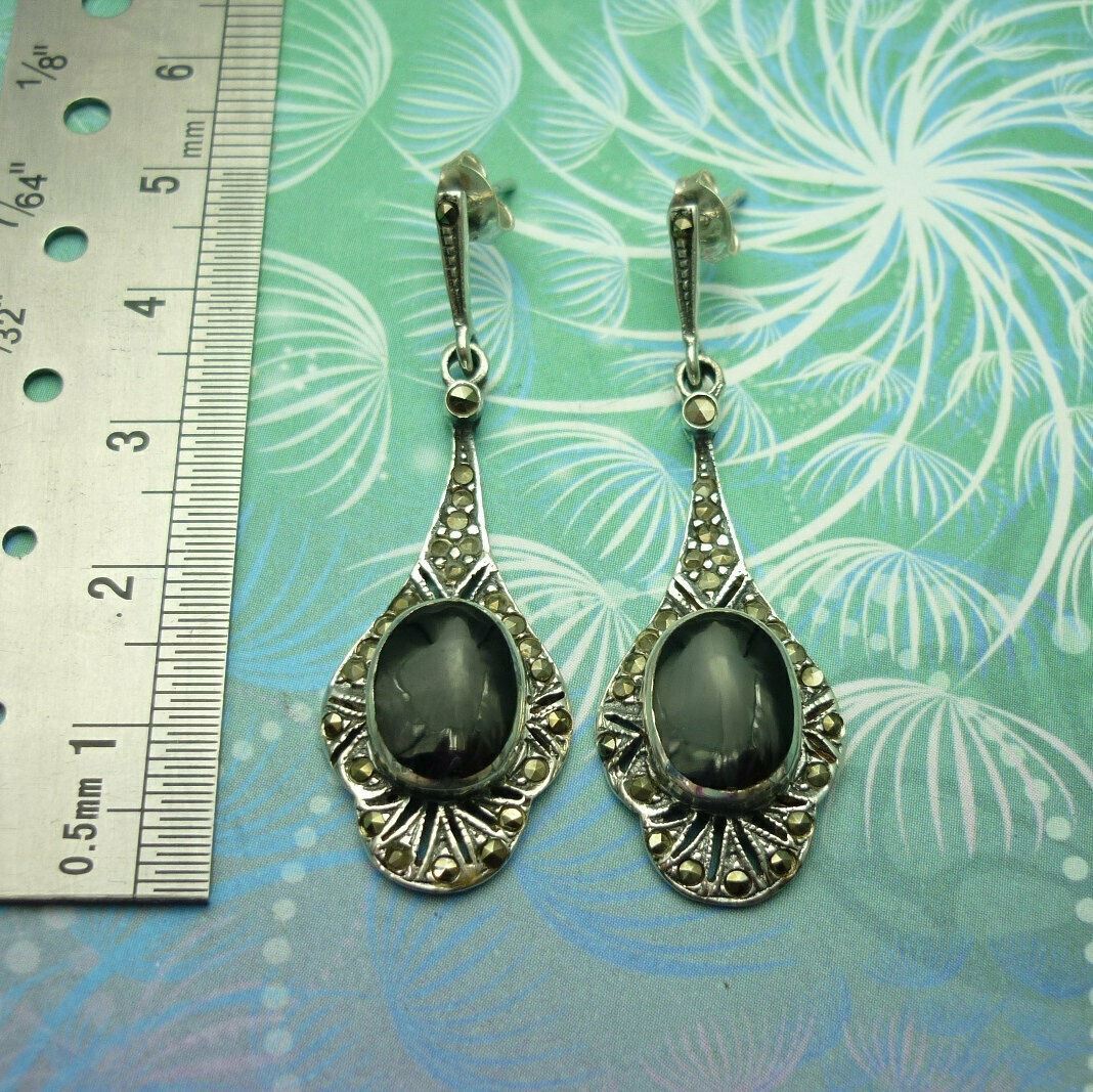 Victorian Style Vintage Sterling Silver Earrings - Black Onyx - Style 16 - Image 2
