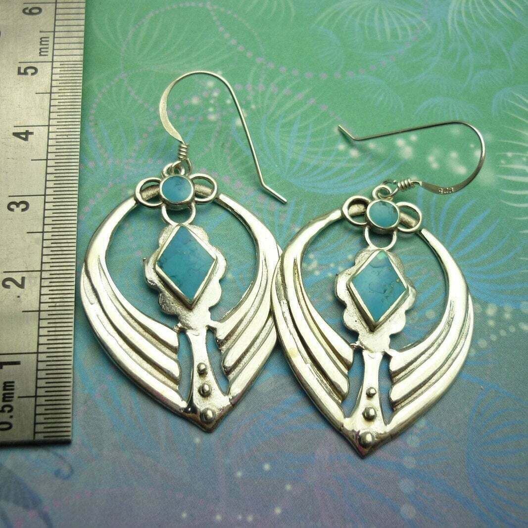 Vintage Sterling Silver Earrings - Turquoise - Gift for Her - Leaf Aztec Flower