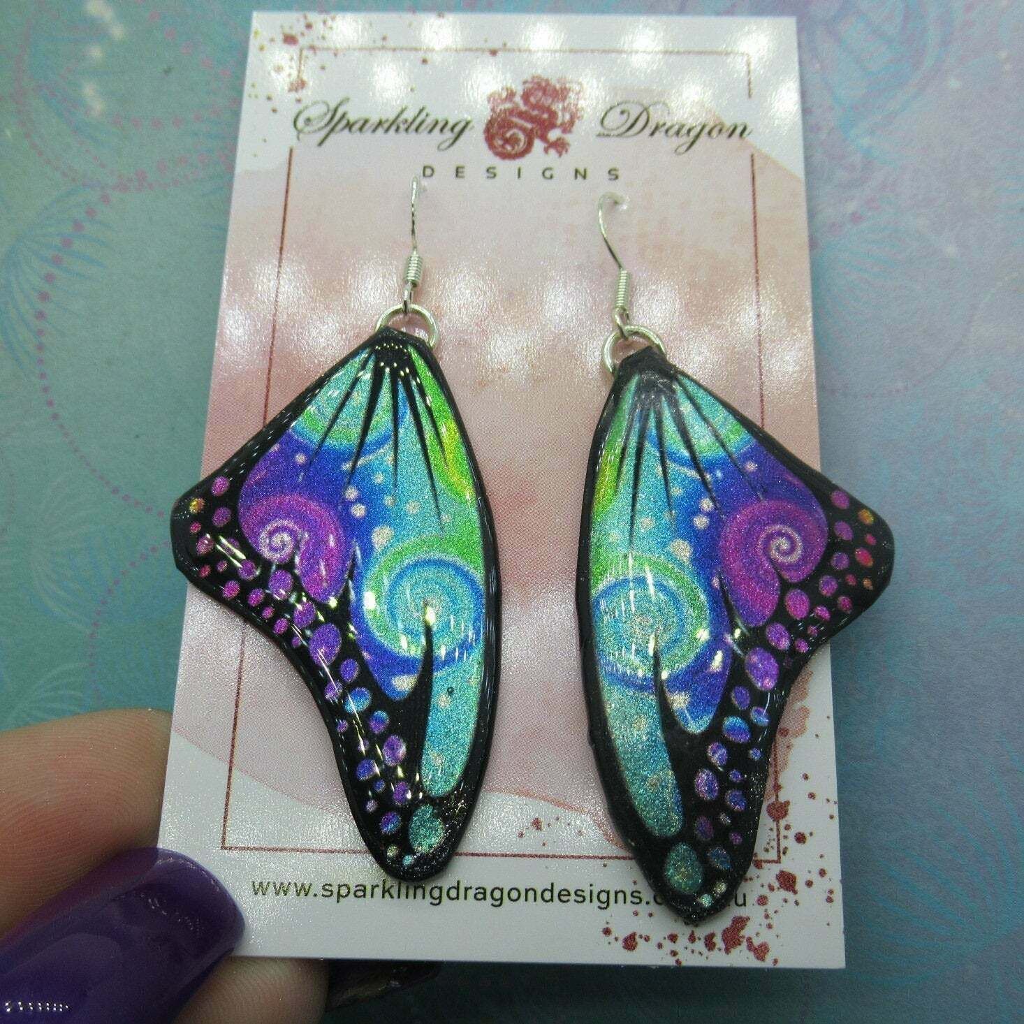 Butterfly Earrings Swirling Purple Blue Rainbow Delightful and Whimsical - Image 2