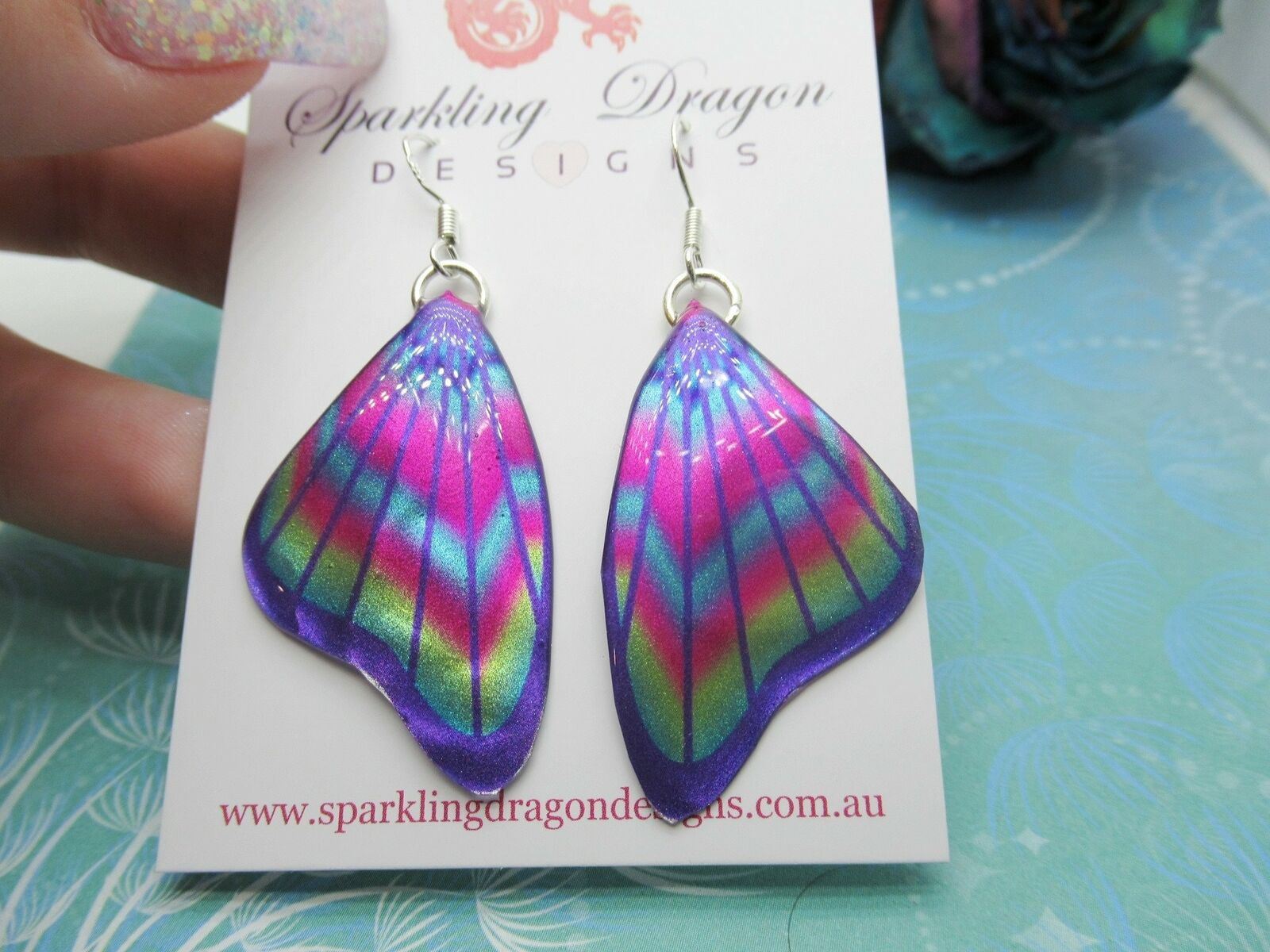 Butterfly Wing Earrings Purple & Rainbow- Fairy Jewellery Cosplay Fantasy - Image 2
