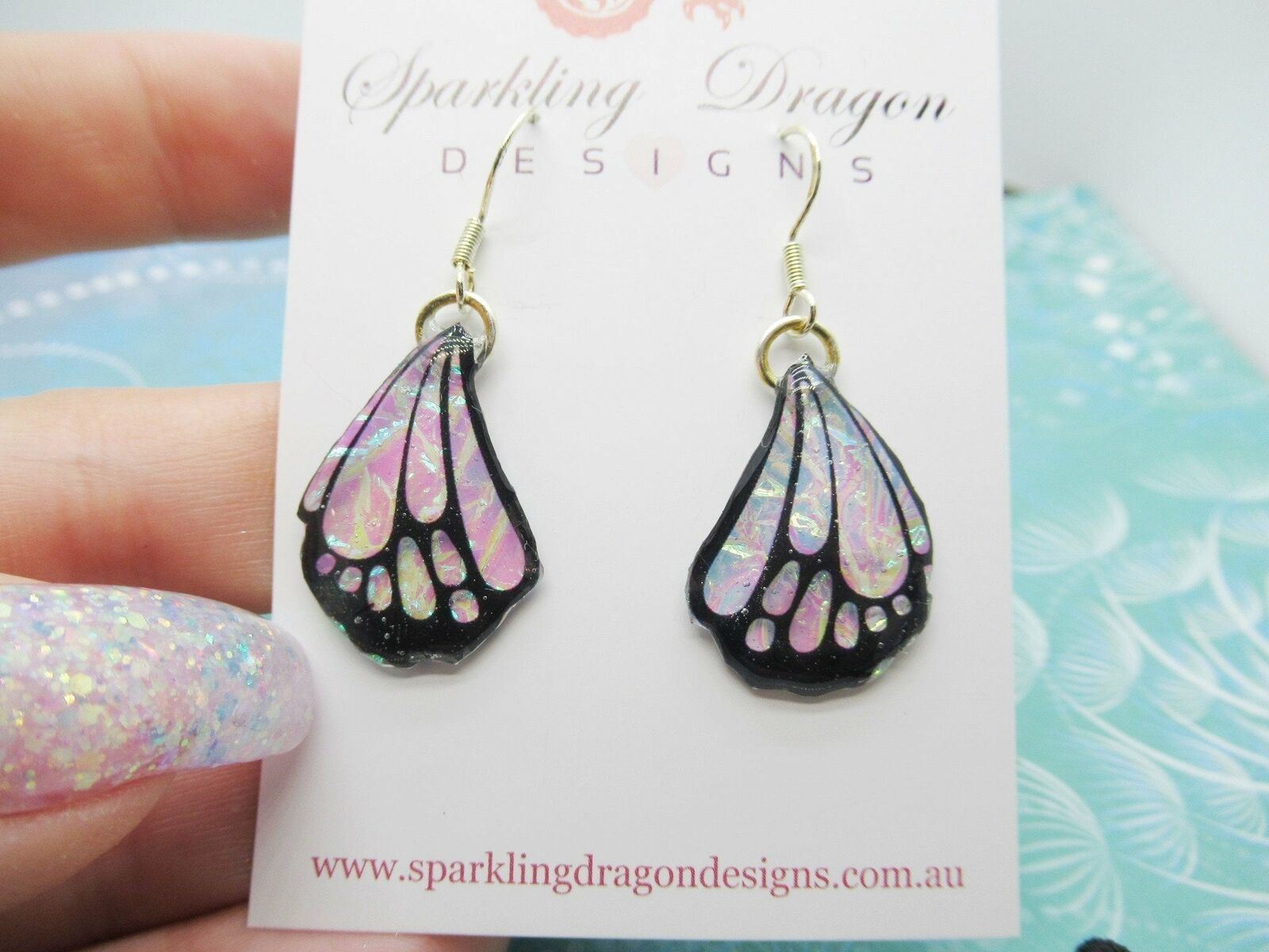 Butterfly Wings Earrings Colour Shift Pink/Green Small - Fairy Jewellery