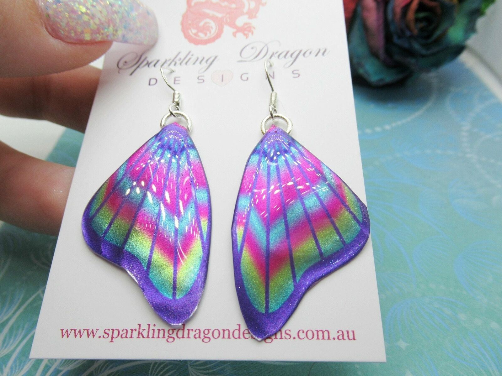 Butterfly Wing Earrings Purple & Rainbow- Fairy Jewellery Cosplay Fantasy - Image 3