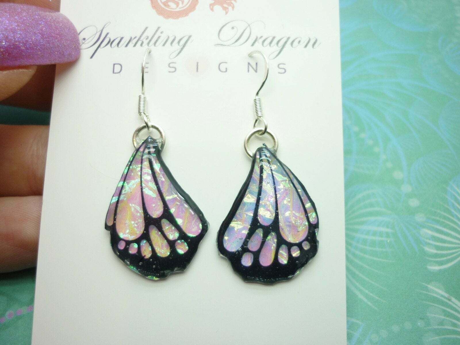 Butterfly Wings Earrings Colour Shift Pink/Green Small - Fairy Jewellery - Image 3