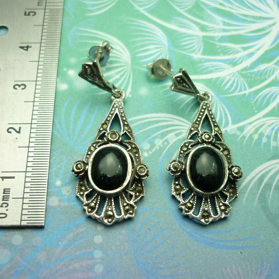 Elegant Vintage Sterling Silver Earrings - Black Onyx - Stylish Unique 925 - Image 2