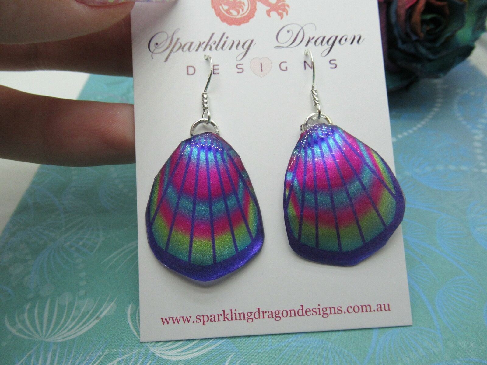 Shimmery Butterfly Wing Earrings Pink & Rainbow Lines- Fairy Jewellery - Image 2
