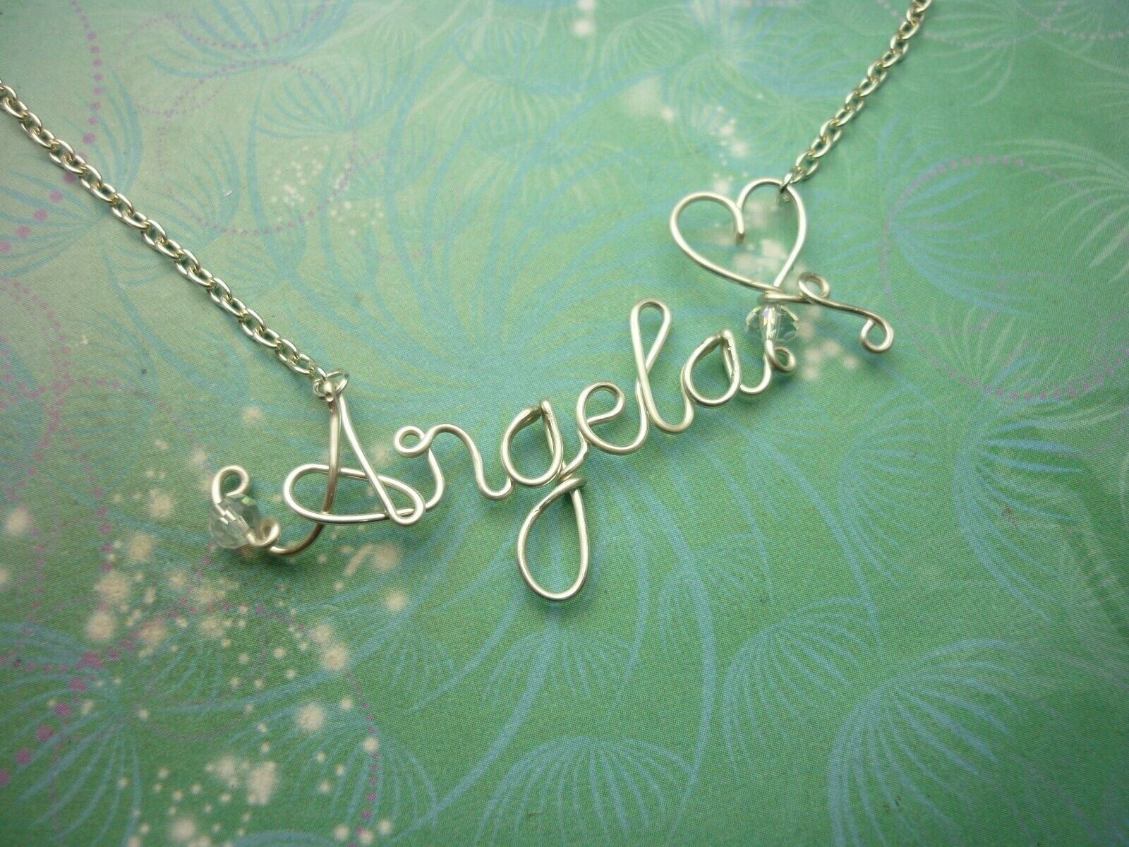 Bridal Gift Personalised Name Necklace Silver Wire & Crystals Choose Your Colour