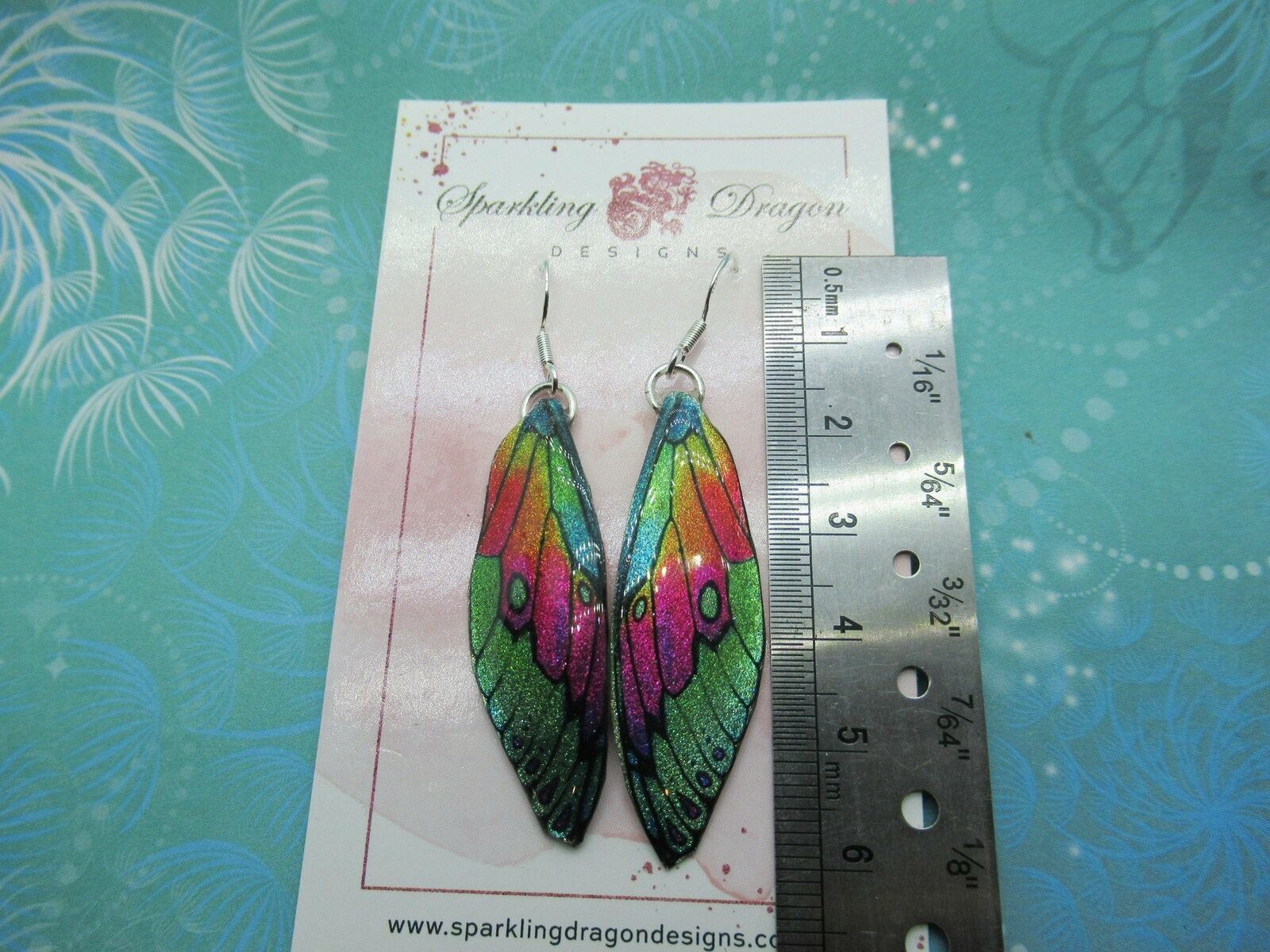 Butterfly Earrings Green and Pink Rainbow - Fairy Jewellery - Image 3