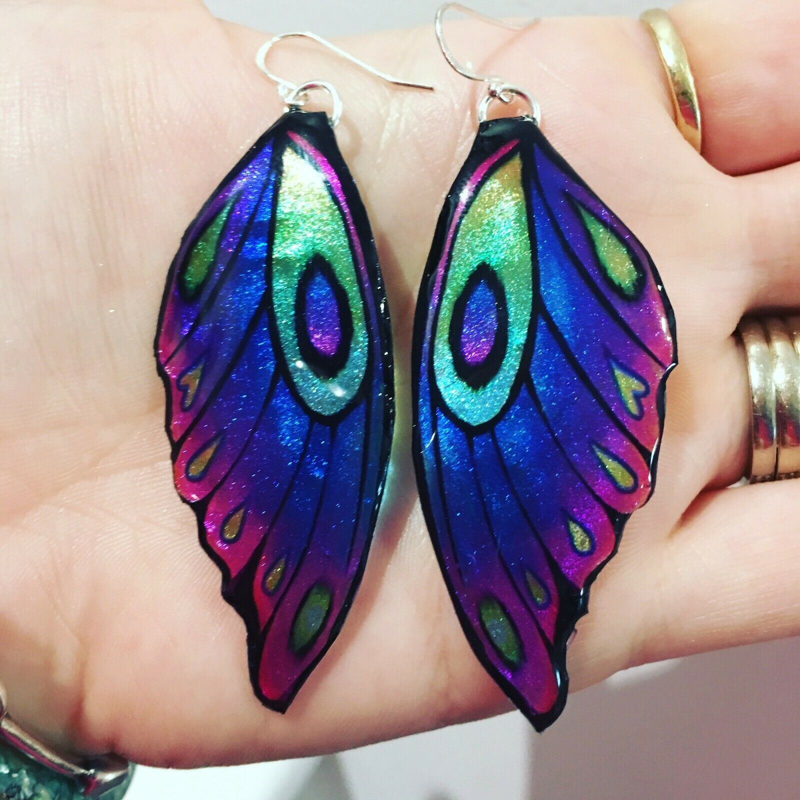 Large Blue Butterfly Wing Earrings Rainbow Sparkly Fairy Jewellery unique gift